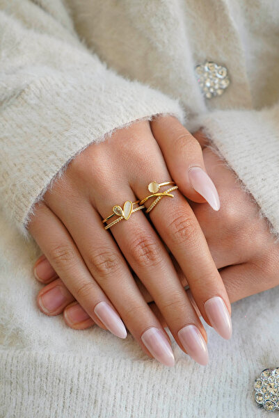 The Collection Set of 2 Modern Heart and Solitaire Detailed Form Vip Gold Rings