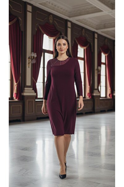 Nidya Moda Kadın Mürdüm Taş İşleme Tül Kombin Abiye Elbise 4089M