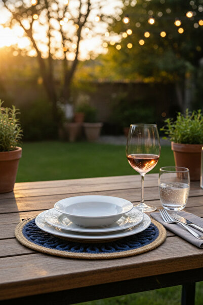 NEŞELİ HOME Jutty Wicker Look Jute Woven Round Natural Navy Blue Decorative A...