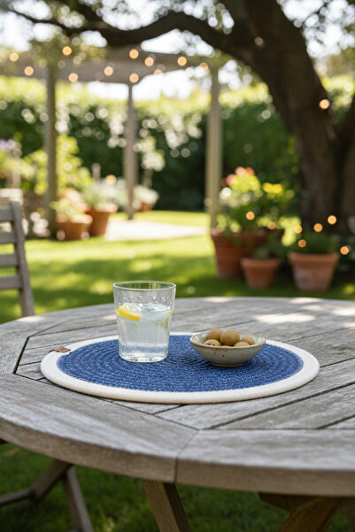 NEŞELİ HOME سجادة دائرية من الجوت بمظهر القش، باللون الأزرق الداكن والكريمي، ...