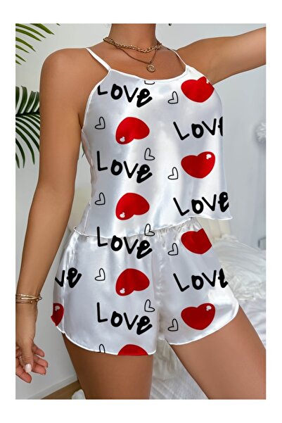 Cicişim Σετ νυχτικό με σατέν σορτς με λευκό σχέδιο αγάπης