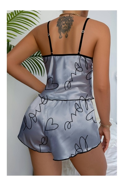 Cicişim Gray Love Printed Satin Shorts Nightgown Set