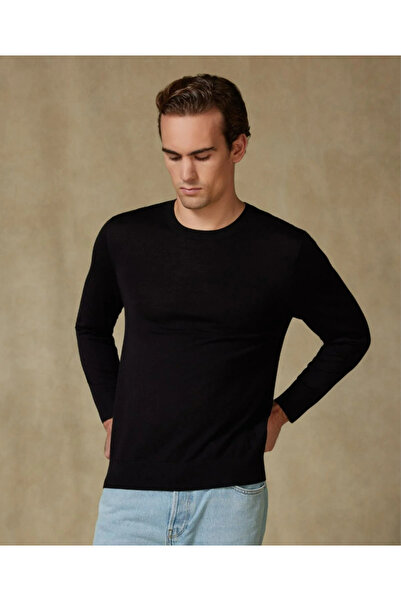 Abbate Salvano Knitted 100% Wool Modern Fit Black Crew Neck Men's Plain Knitwear