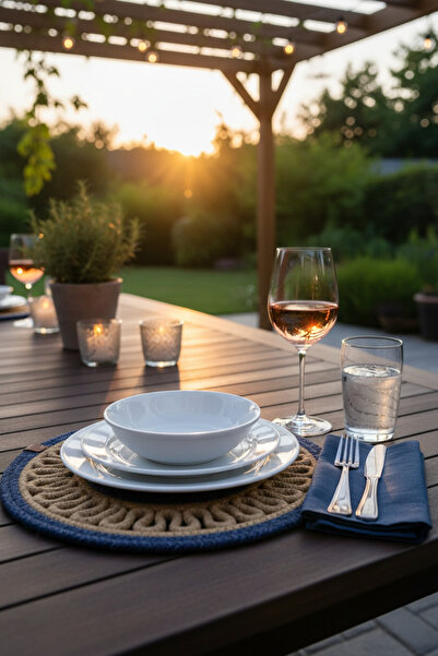 NEŞELİ HOME سجادة دائرية من الجوت بمظهر القش، لون أزرق داكن، ديكور طبيعي أمري...