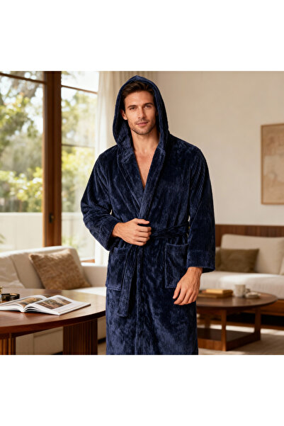 MEYHOME Чоловічий халат з капюшоном у вертикальну смужку Wellsoft LACIVERT