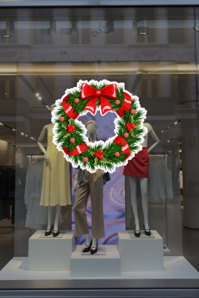 New Jargon ملصق زجاجي على شكل إكليل رأس السنة مع شريط أحمر - زينة للباب والوا...