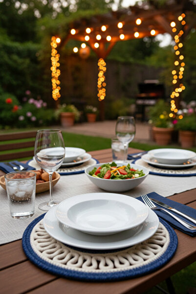 NEŞELİ HOME Jutty Wicker Look Jute Woven Round Navy Blue Cream Knitted Decora...