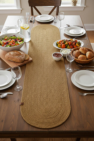 NEŞELİ HOME مفرش طاولة بيضاوي طبيعي من الجوت المنسوج بمظهر القش 35×135 سم للم...