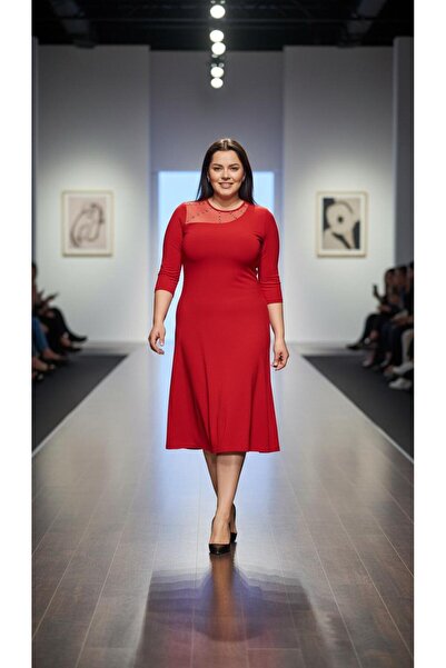 Nidya Moda Kadın Kırmızı Taş İşleme Tül Kombin Abiye Elbise 4089K