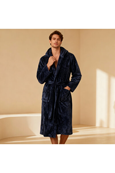 MEYHOME Чоловічий халат з капюшоном у вертикальну смужку Wellsoft LACIVERT