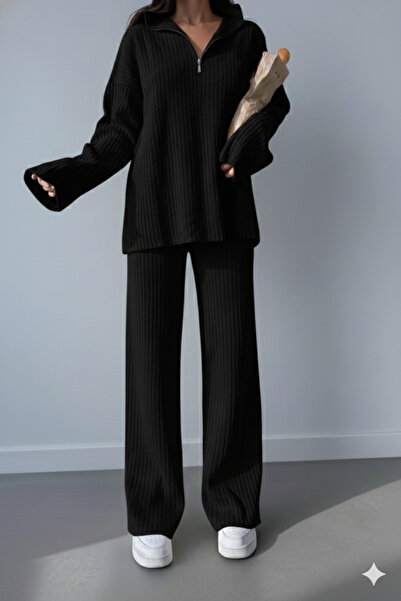 NİCE Women's Baggy Style Corded Fabric Collar Zippered Leg Slit Side Zippered Knitwear Set Black