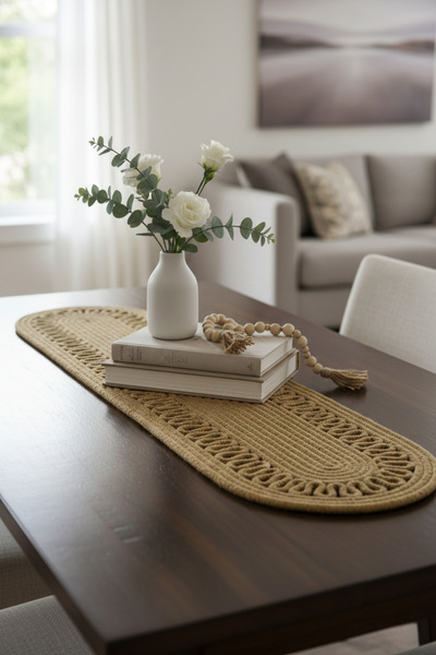 NEŞELİ HOME مفرش طاولة من الجوت بمظهر القش، منسوج بشكل بيضاوي، ديكور طبيعي، م...