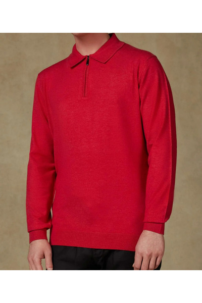 Abbate Claro Knitted Fabric Cotton Blend Modern Fit Red Polo Neck Men's Plain Knitwear