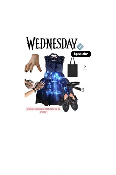 3b kids kız çocuk cadılar bayramı ışıklı wednesday kostüm elbise+ babet + çan...