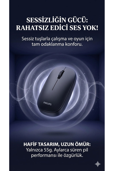 Philips Spk7438 Kablosuz Mouse Bluetooth Mouse Çift Mod Sessiz Mouse Pil Dahil Resmi Distribütör Siyah