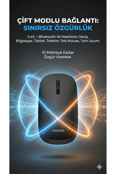 Philips Spk7438 Kablosuz Mouse Bluetooth Mouse Çift Mod Sessiz Mouse Pil Dahil Resmi Distribütör Siyah