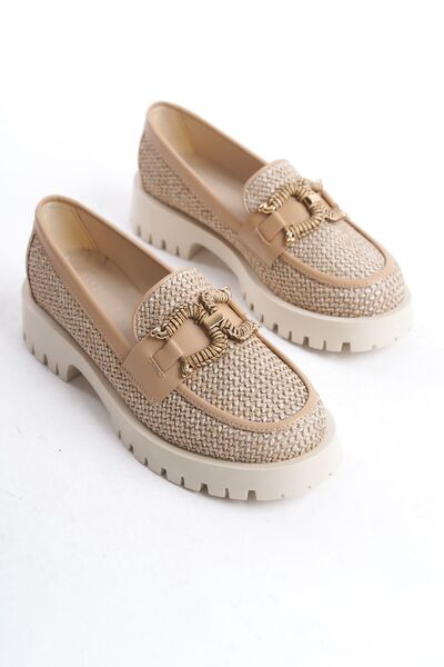 MARSEDO Kadın Loafer Kalın Taban Tokalı Makosen Günlük Ayakkabı Meeru Bej