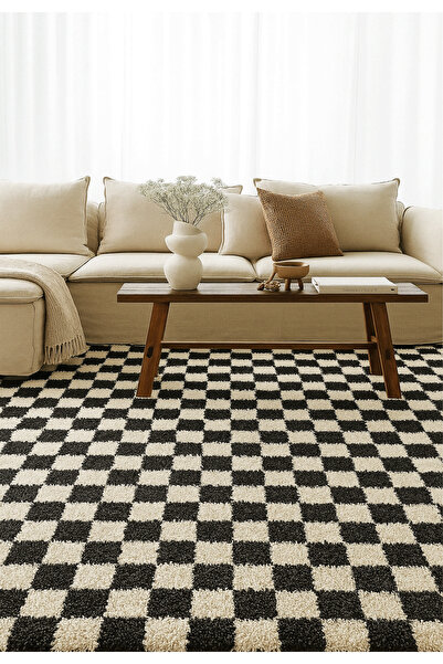 EUROBANO Chess Dama Desenli Kemik-Siyah Salon Oturma Odası Yatak Odası Korido...