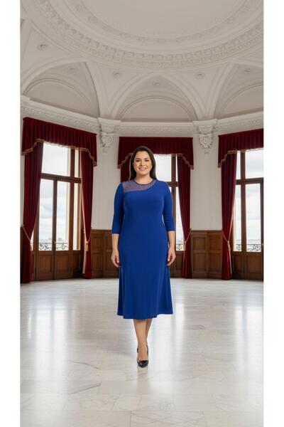 Nidya Moda Kadın Saks Taş İşleme Tül Kombin Abiye Elbise 4089SX