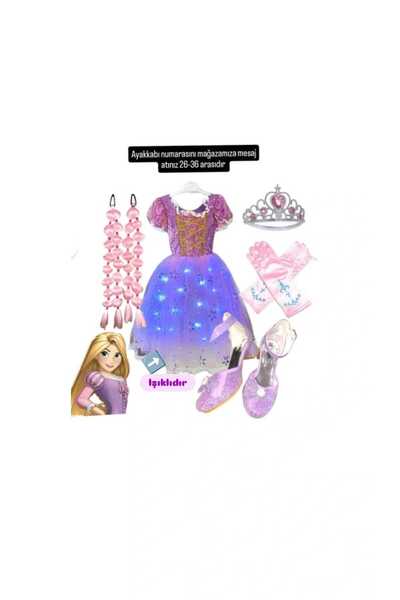 3b kids فستان رابونزيل المضيء، فستان رابونزيل الوردي، تاج شعر فقاعي، قفازات، ...