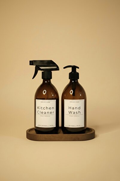Frolde Home Ahşaplı 2'li Amber Cam Mutfak Temizleyici Bulaşık Deterjanı Şişes...