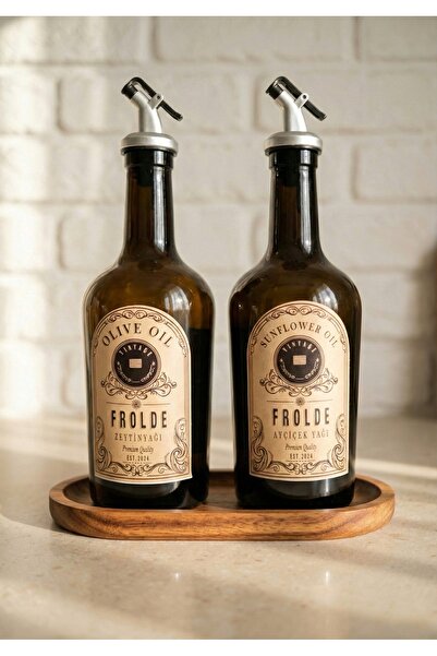Frolde Ahşap Stantlı 2'li Amber 500 ml Cam Ayçiçek Yağı Zeytinyağı Şişesi Yağ...