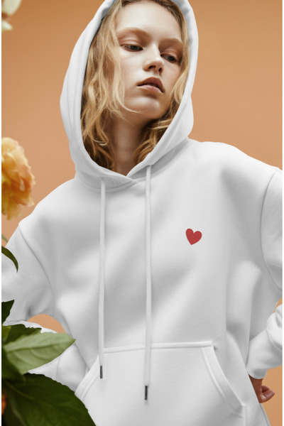 Dad&Children Kalp Baskılı Unisex Standart Fit Kapüşonlu Şardonlu Pamuklu Beya...