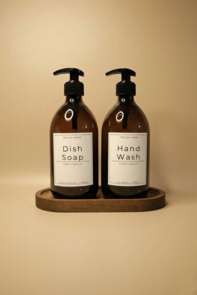 Frolde Home Ahşaplı 2'li Amber Cam Sıvı Sabun Bulaşık Deterjanı Şişesi Sabunluk