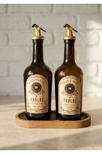 Frolde Ahşap Stantlı 2'li Amber Gold Tıpalı 500 Ml Cam Ayçiçek Yağı Zeytinyağı Şişesi Yağdanlık
