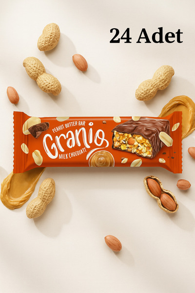 GRANIO Fıstıklı ve Fıstık Ezmeli Sütlü Çikolata Kaplamalı Bar 40 gr X 24 Adet