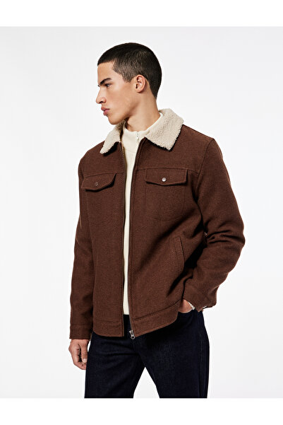 Koton Μακρυμάνικο παλτό με φερμουάρ, επένδυση από βελούδο, γιακά και απολέπιση από ψεύτικη γούνα