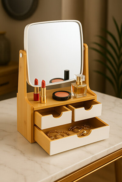 MAKRİ HOME Bambu Çekmeceli Ayna Takı Organizeri – 3 Çekmeceli, 360° Dönen Ayna