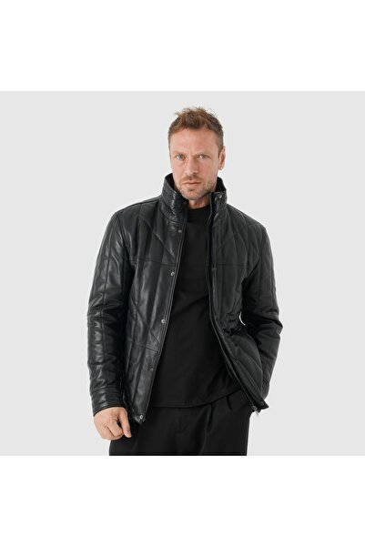 TOGO Siyah Hakiki Deri Erkek Hakim Yaka Deri Mont [810022]