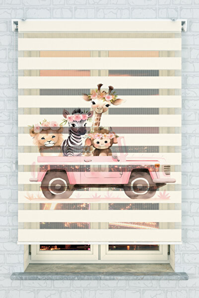 akel collection Çiçek Taçlı Safari Hayvanları Desenli Baskılı Zebra Stor Perd...