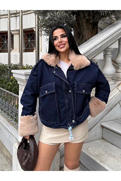 Lady Pixie معطف نسائي من قماش الدنيم فروي