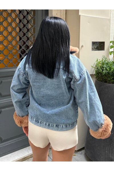 Lady Pixie Palton din denim cu guler și mâneci din blană, cu centură