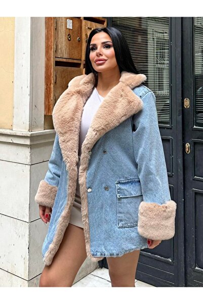 Lady Pixie Palton lung de damă din denim cu blană