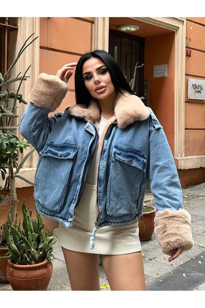 Lady Pixie Palton de damă din denim cu blană