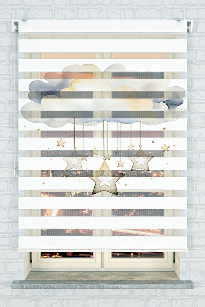 akel collection Bulut ve Yıldız Desenli Zebra Stor Perde - Çocuk Odası İçin D...