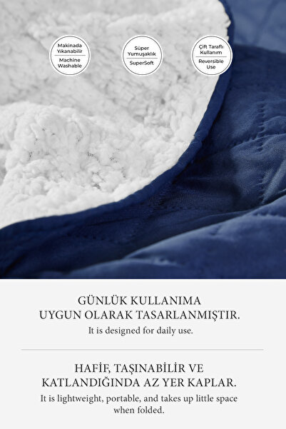 Evlen Home Collection Premium Plush Single Multi-Purpose Bedspread 160X220 Double-Sided Blanket Pique White Navy Blue