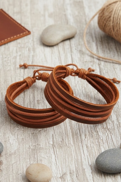 BSN Store 2 Pcs Leather Bracelet Multilayer Handmade Real Leather Bracelet