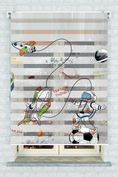 akel collection Uzay ve Astronot Desenli Zebra Stor Perde - Çocuk İçin Dijita...