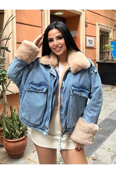 Lady Pixie Palton de damă din denim cu blană