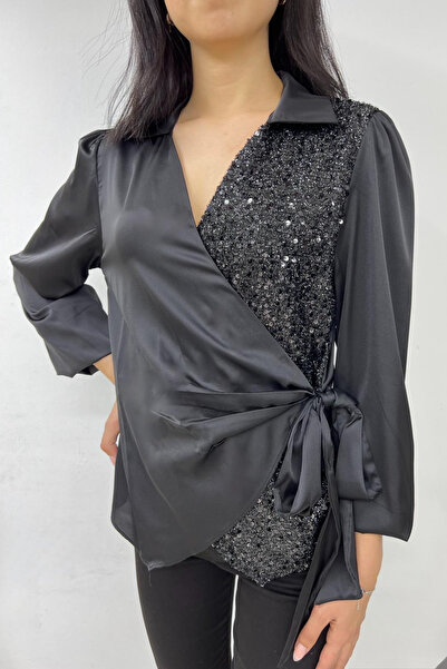 thesunfyre ΓΥΝΑΙΚΕΙΑ Σατέν μπλούζα με λαιμόκοψη V, ελαστικό μανίκι, ημι-παγιέτες, κορδόνι στο πλάι και λεπτή εφαρμογή