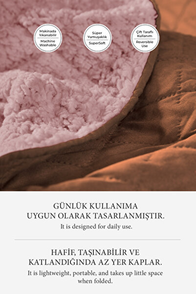 Evlen Home Collection Premium Plush Double Multi-Purpose Bedspread 200X220 Double-Sided Blanket Pique Powder / Salmon