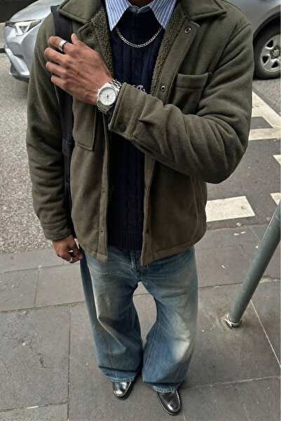 MADZEYMODA Ανδρικό μπουφάν Premium με φλις εσωτερικά και κουμπωτά κούμπωμα χακί LS-89921