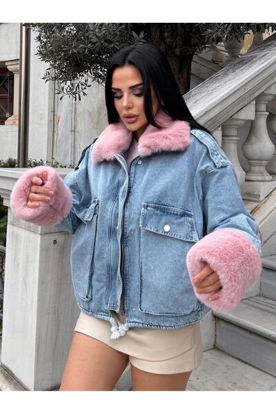 Lady Pixie Palton de damă din denim cu blană