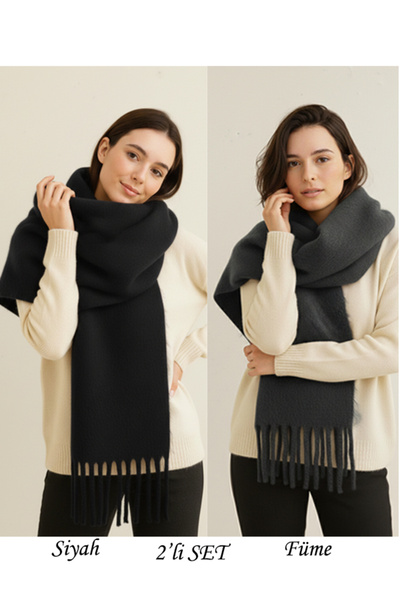 Bermody 2li Set Puffy Siyah Füme Yumuşak Dokulu Kadın Atkı Şal Omuz Şalı 50x1...