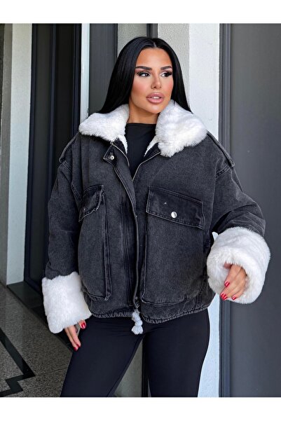 Lady Pixie Dámský chlupatý džínový dámský kabát