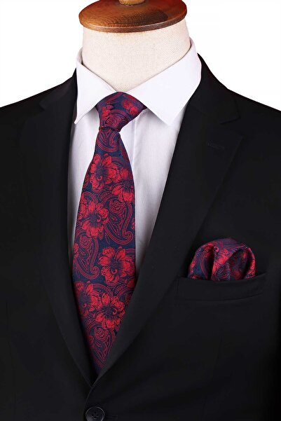 Kravatkolik ربطة عنق كلاسيكية باللون الأحمر - الأزرق الداكن مع منديل بنمط الزهور KK12946